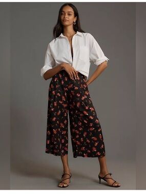 Maeve Wide Leg Floral Culotte Pants in Black with Red Floral Print